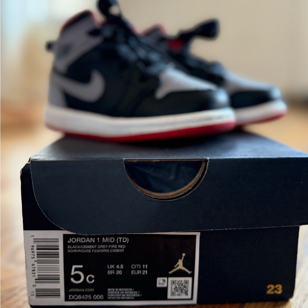 Nike - Jordan 1 Mid TD 
Size 5
Black/Gray/Fire Red - Picture 11 of 13